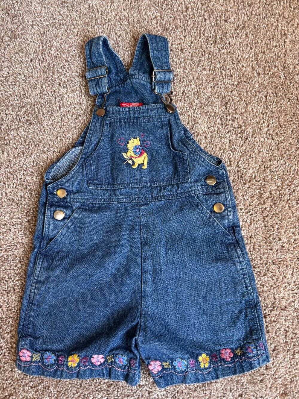Vintage Disney Winnie The Pooh Denim Overalls Shorts Embroidered Floral Y2K